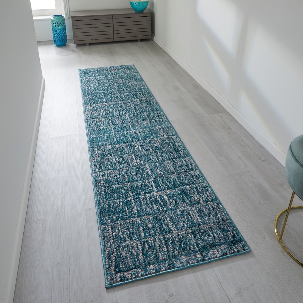 Manhattan 709 B Runner Rugs in Distressed Modern Teal Blue